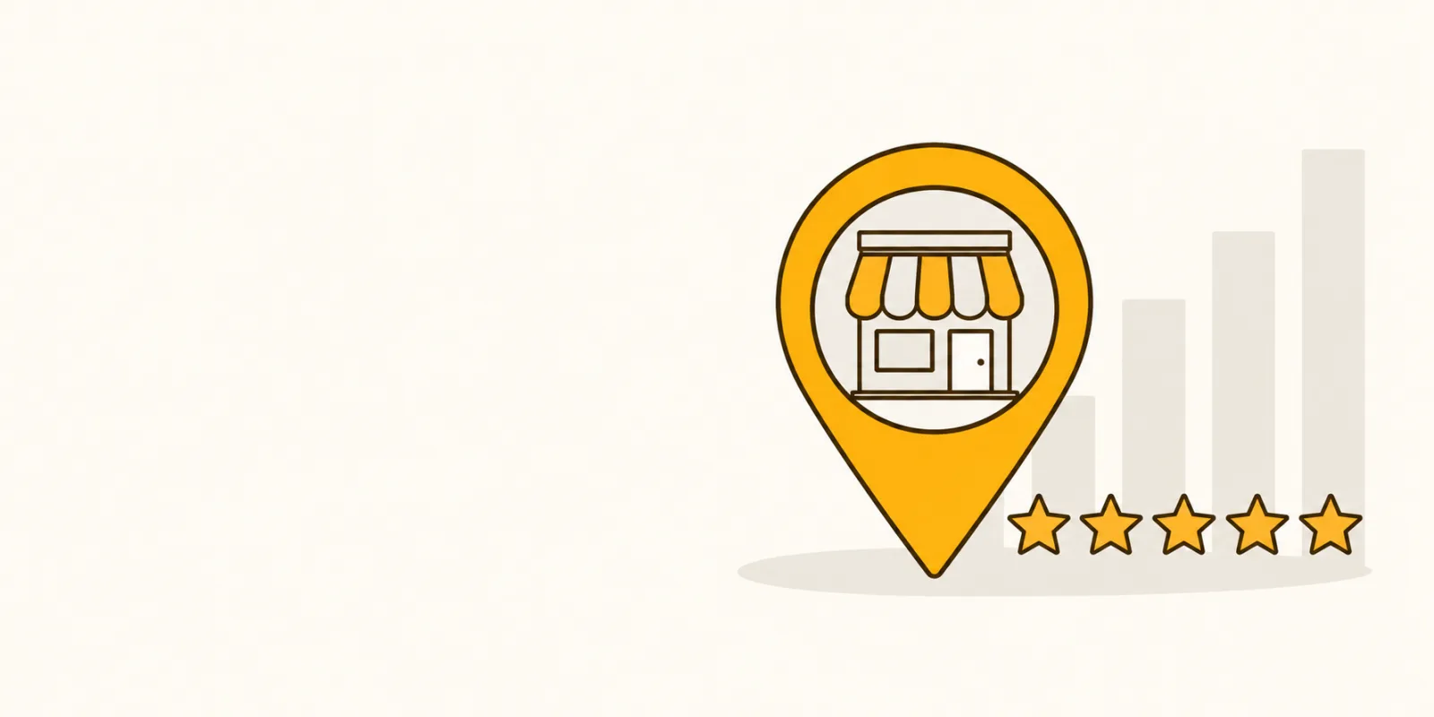 Platte illustratie van een kaart-pin met een bedrijfslocatie op Google Maps en een vijfsterrenbeoordeling, symbool voor een geoptimaliseerd Google Bedrijfsprofiel
