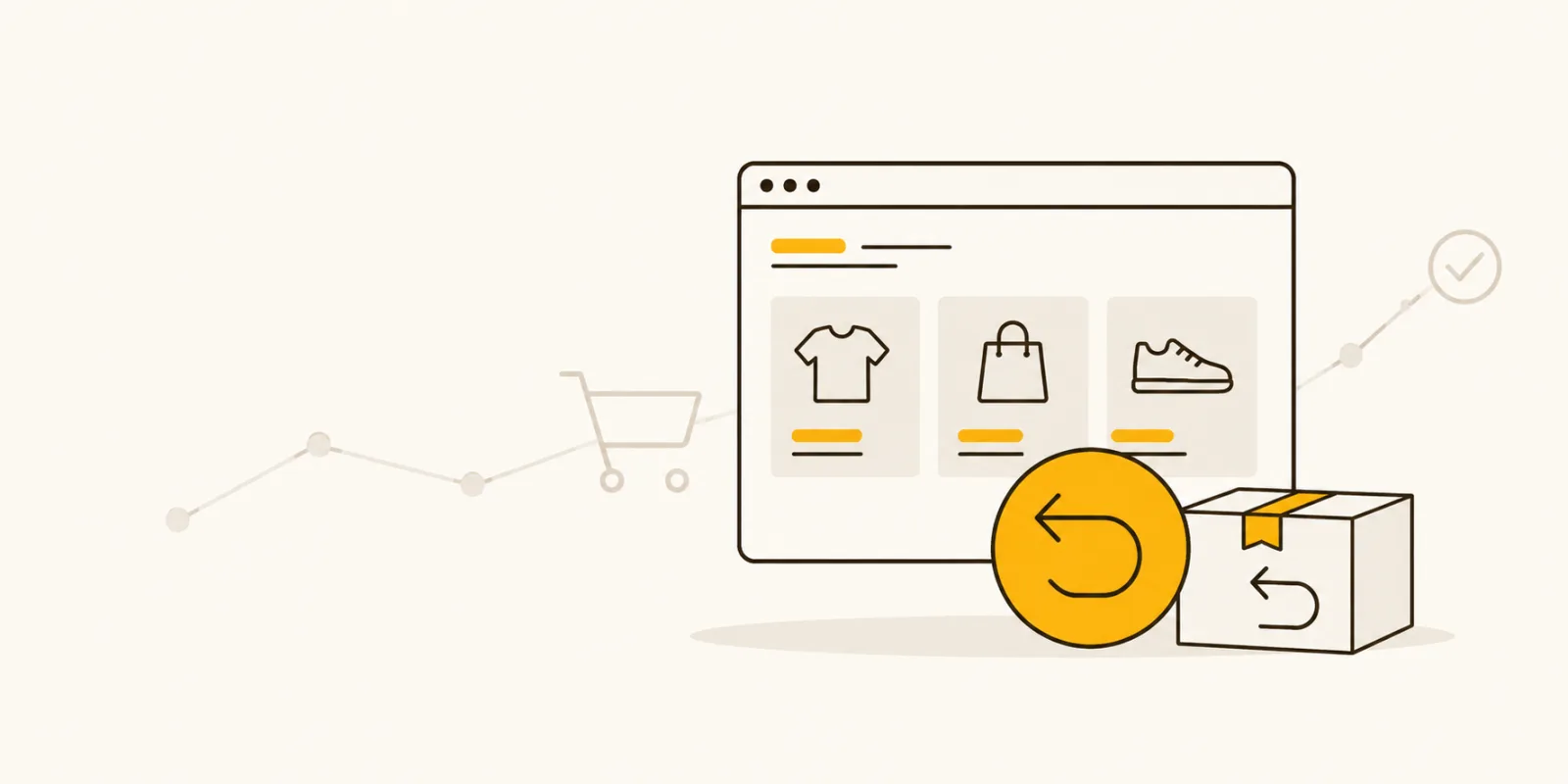 Platte illustratie van een browservenster met productkaartjes en een grote ronde terugdraai-pijl met een pakketje, symbool voor de wettelijk verplichte herroepingsknop op een webshop