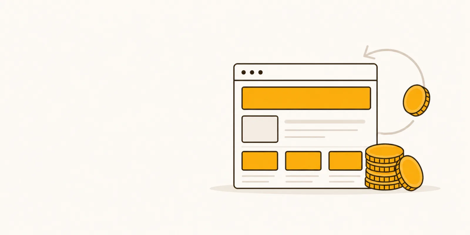 Platte illustratie van een browservenster met munten en een pijl die geld terugbrengt, symbool voor investeringsaftrek op een website