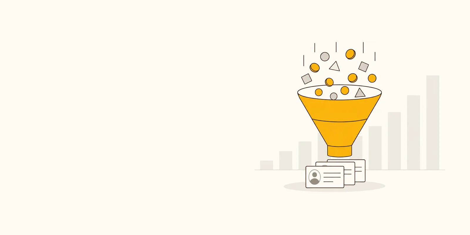 Platte illustratie van een trechter waar websitebezoekers als muntjes in vallen en er als contactkaartjes uitkomen, symbool voor leadgeneratie via je eigen website