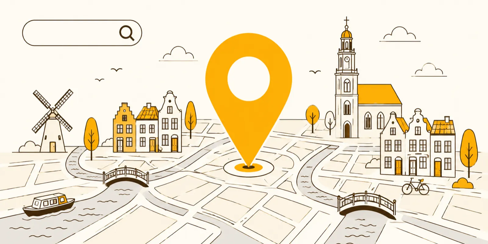 Platte illustratie van een kaart-pin boven een stadsplattegrond, symbool voor lokale SEO en gevonden worden in je eigen regio