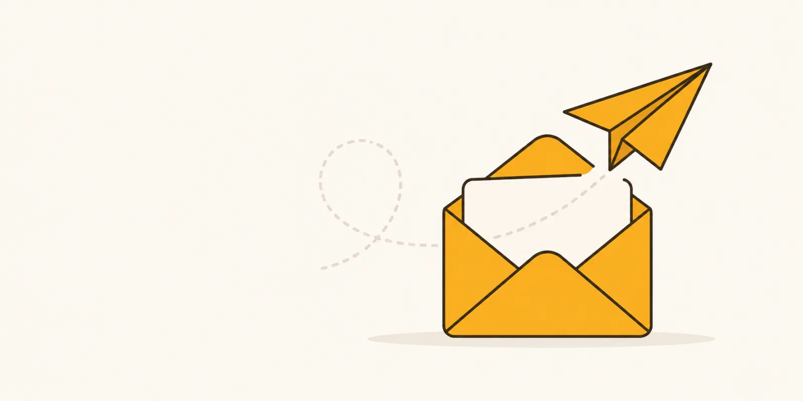 Platte illustratie van een envelop met een opstijgend papieren vliegtuigje, symbool voor het versturen van een e-mailnieuwsbrief met MailPoet