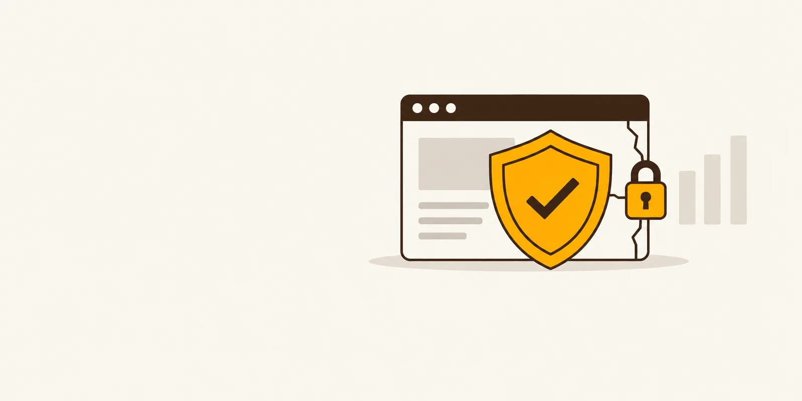 Illustratie van een browservenster met een schild met een vinkje ervoor en een hangslot dat een barst in de rand dichthoudt