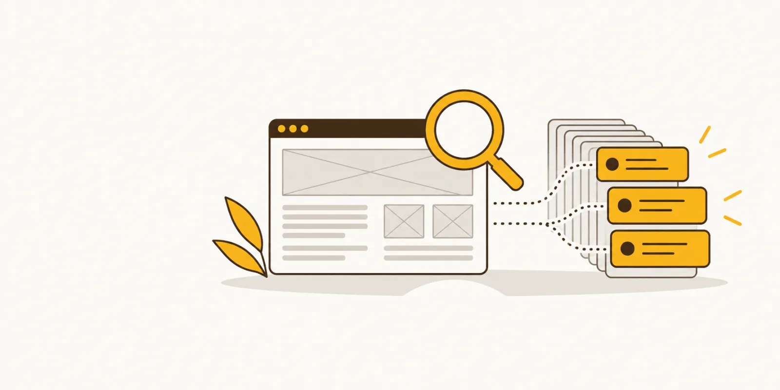 Platte illustratie van een vergrootglas boven een browservenster en een stapel grijze kaartjes waarvan er drie in honinggeel naar voren komen, symbool voor een SEO-check van je website die de belangrijkste punten eruit haalt