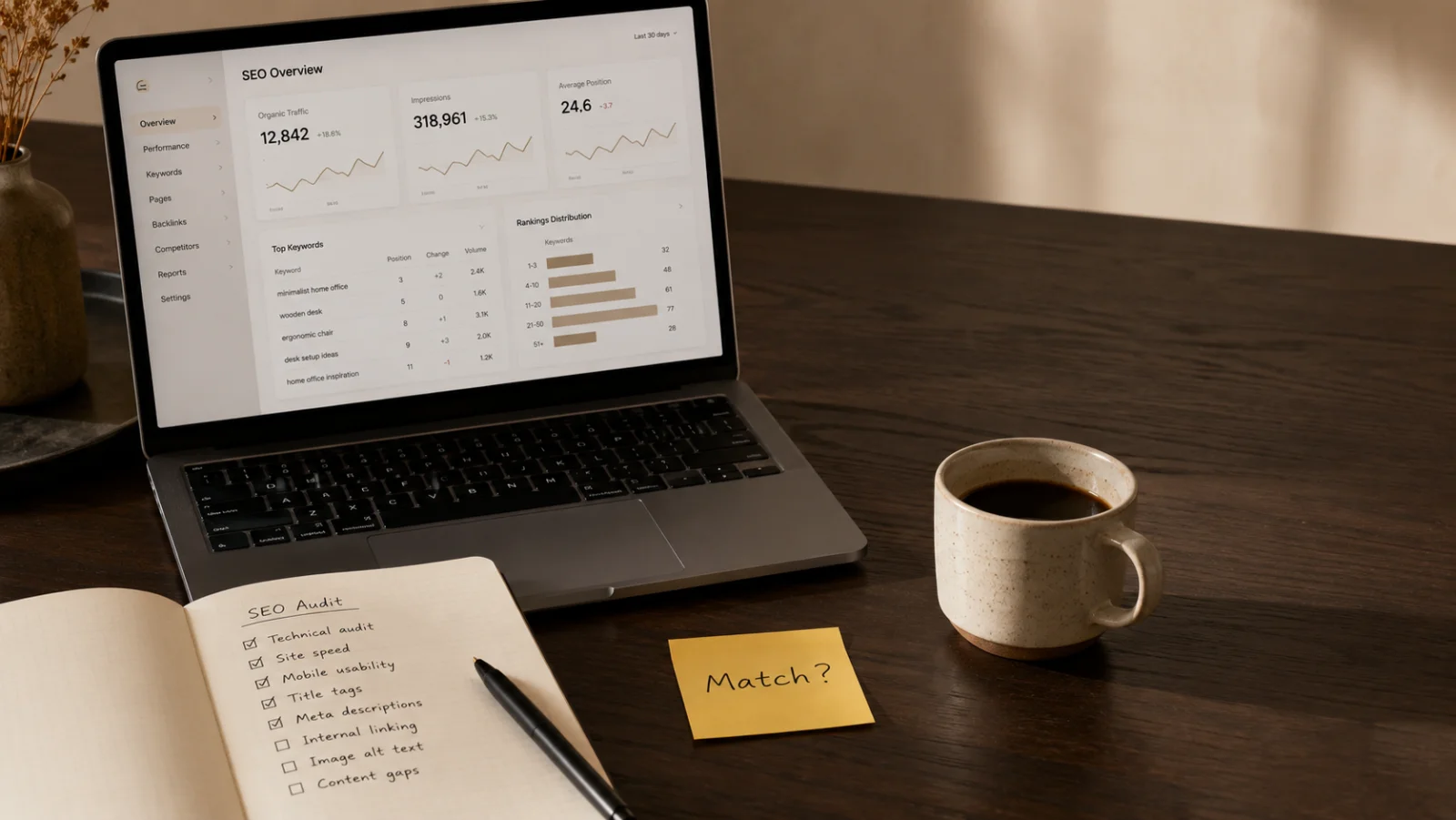 Werkplek met laptop, notitieblok en honingkleurige Post-it met de tekst "Match?", symbolisch voor het inhuren van een SEO specialist