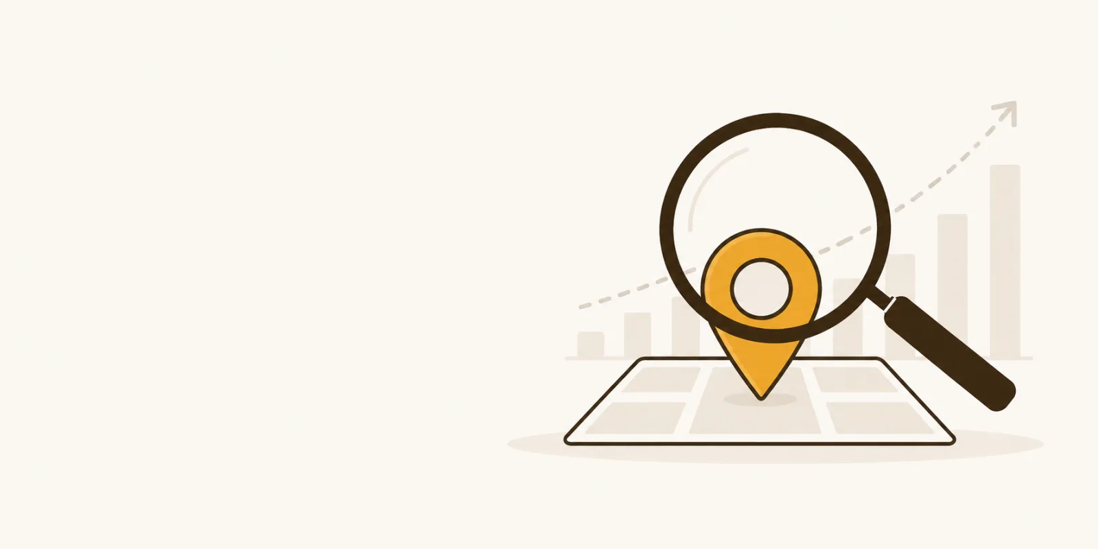Platte illustratie van een vergrootglas boven een kaart-pin, symbool voor SEO uitbesteden en lokaal gevonden worden