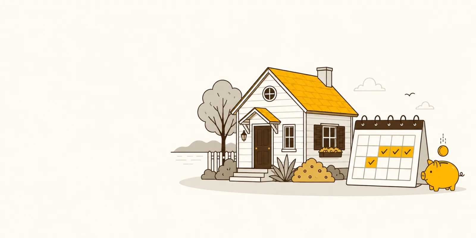 Platte illustratie van een vakantiehuisje met een boekingskalender ernaast, symbool voor je vakantiehuis verhuren via je eigen website