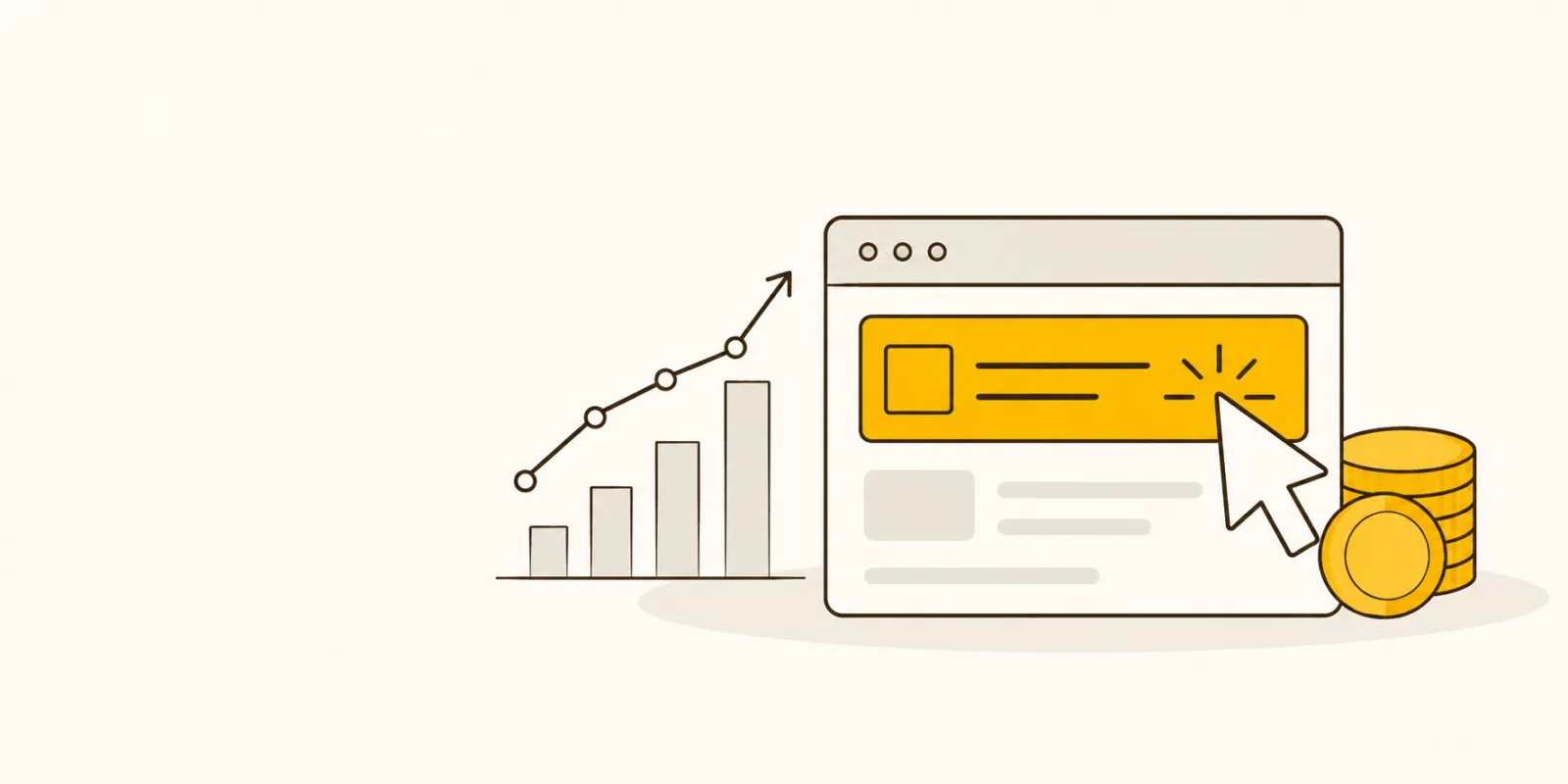 Platte illustratie van een muiscursor die op een advertentie klikt met een opgaande grafiek en een munt, symbool voor de kosten van Google Ads
