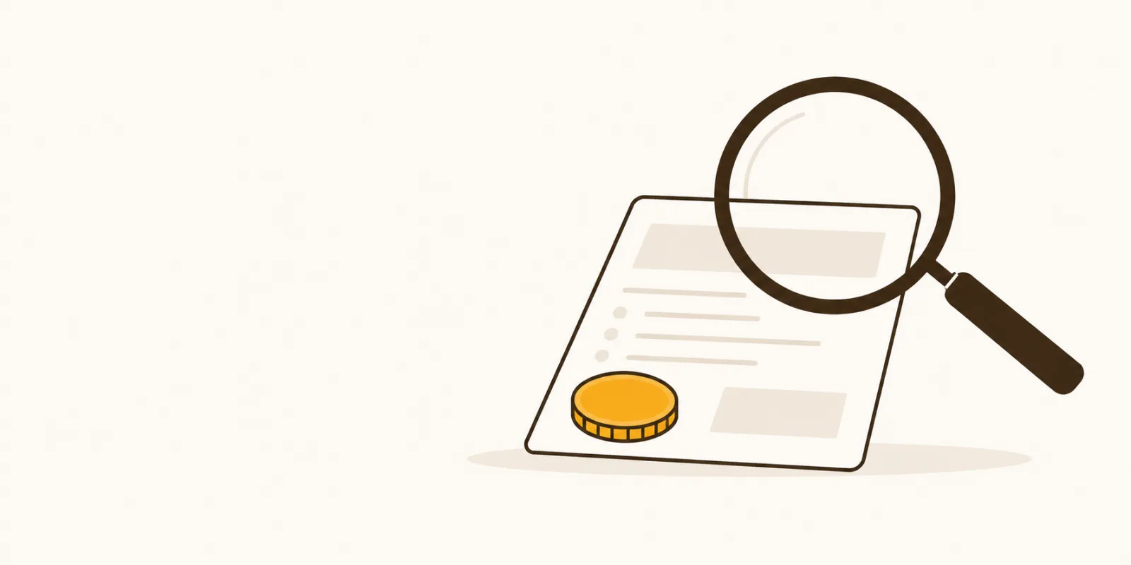 Platte illustratie van een vergrootglas boven een document met een munt, symbool voor de kosten van SEO uitbesteden