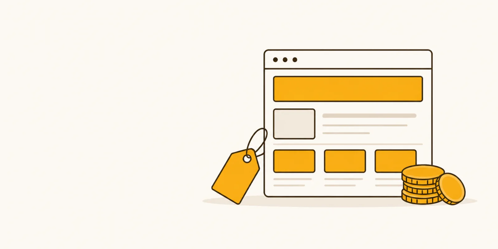Platte illustratie van een browservenster met een prijskaartje en munten, symbool voor de kosten van een website laten maken