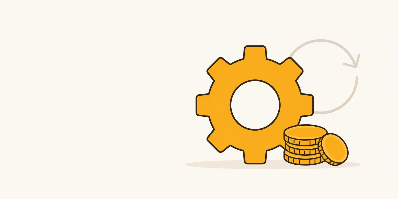 Platte illustratie van een tandwiel met munten en een herhaal-pijl, symbool voor de kosten van doorlopend website-onderhoud
