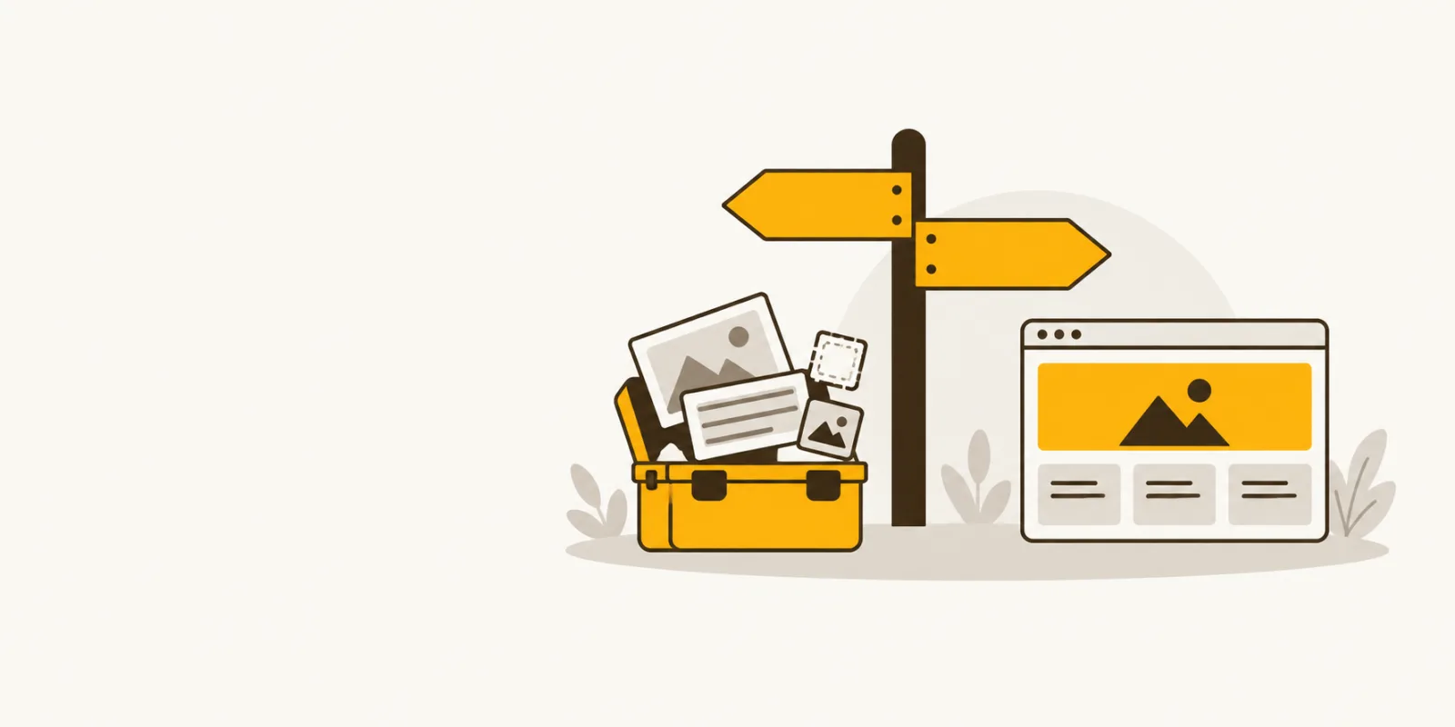 Platte illustratie van een wegwijzer met twee pijlen, de ene naar een gereedschapskist met losse lay-outblokken en de andere naar een afgewerkt browservenster, symbool voor de keuze van een zzp'er tussen zelf een website maken en er een laten maken