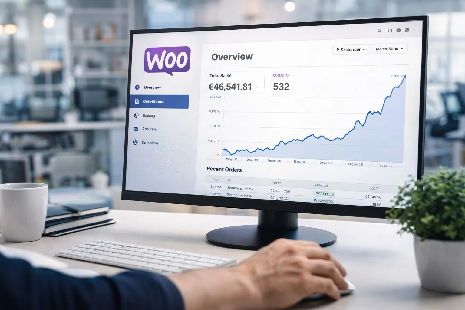 WooCommerce dashboard met verkoopcijfers en stijgende omzetgrafiek
