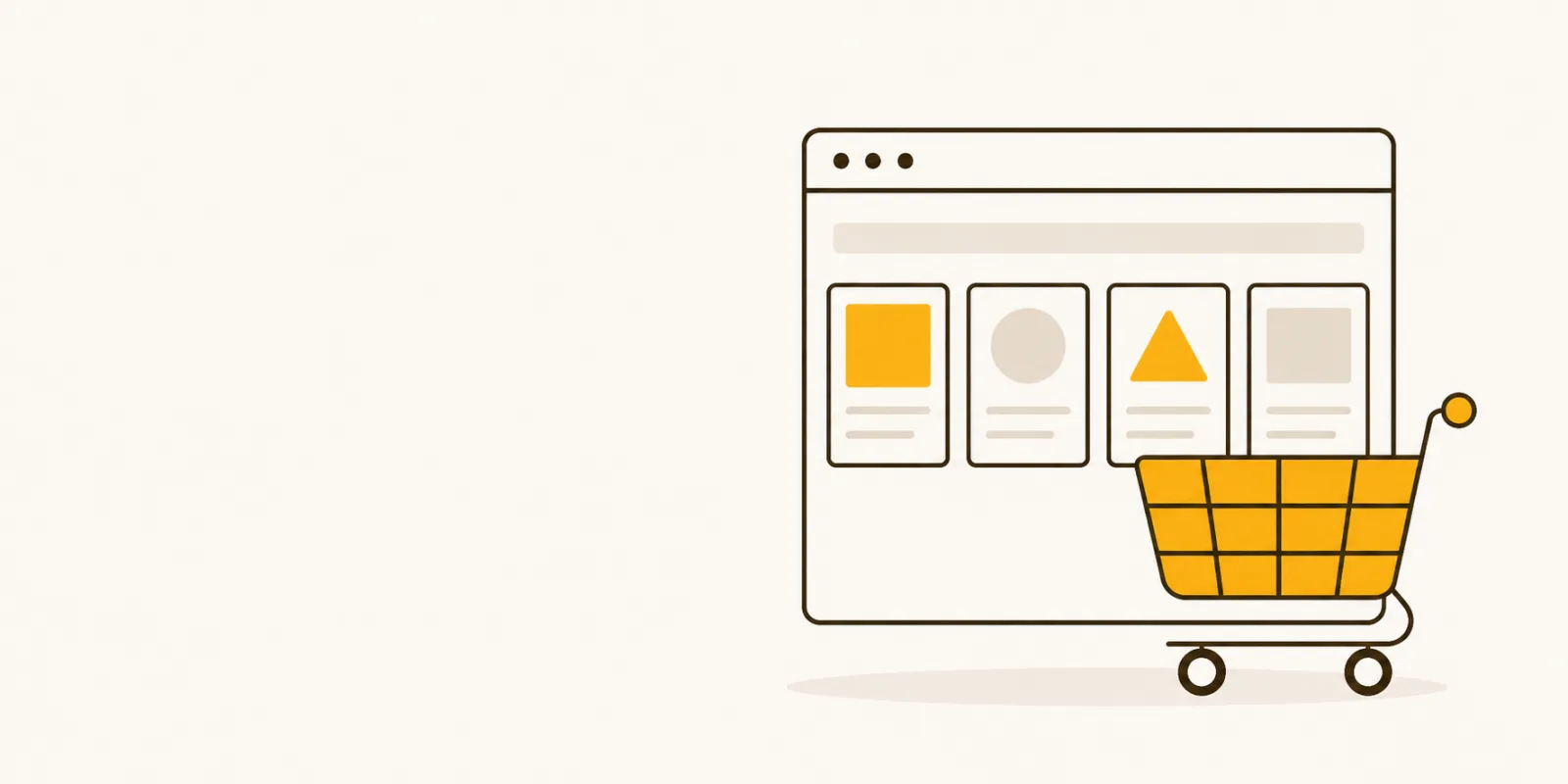 Platte illustratie van een winkelwagen voor een browservenster met productkaartjes, symbool voor een WooCommerce-webshop laten maken