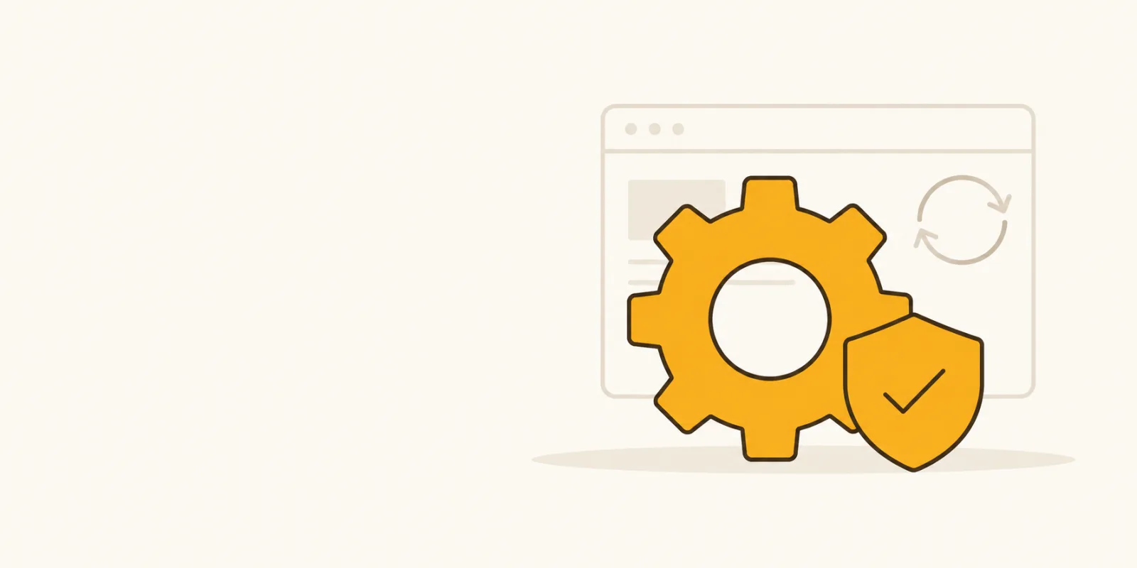 Platte illustratie van een tandwiel met een schild en een browservenster, symbool voor WordPress onderhoud, updates en beveiliging
