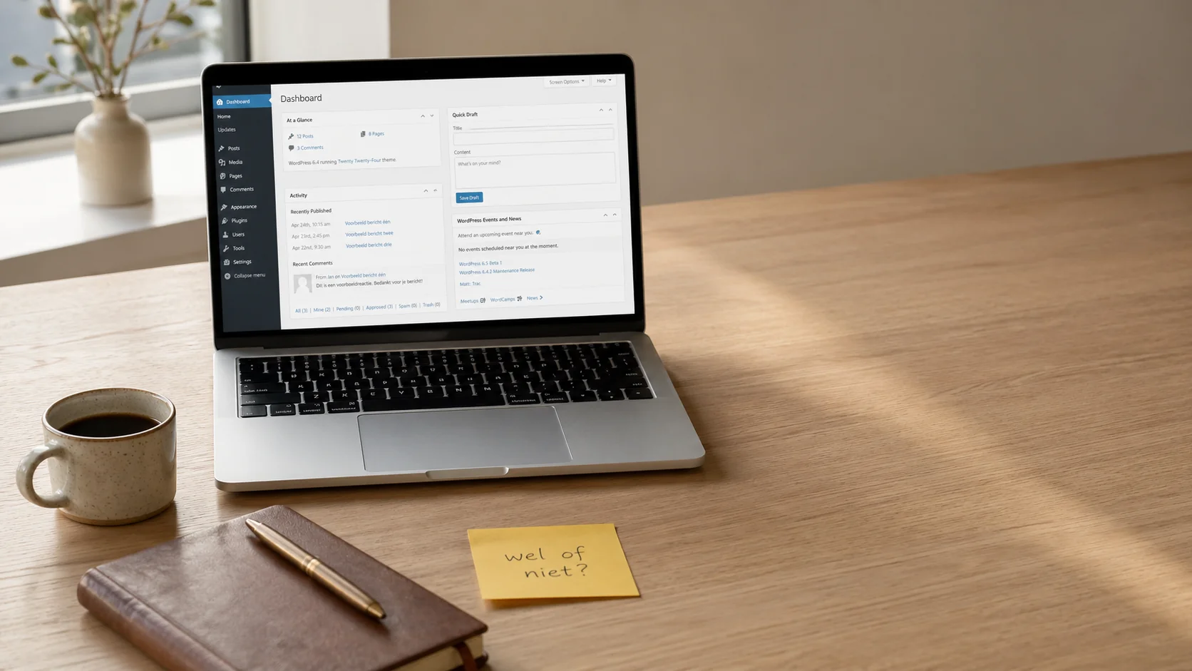 WordPress dashboard op een laptop, met overzicht van pagina's en plugins